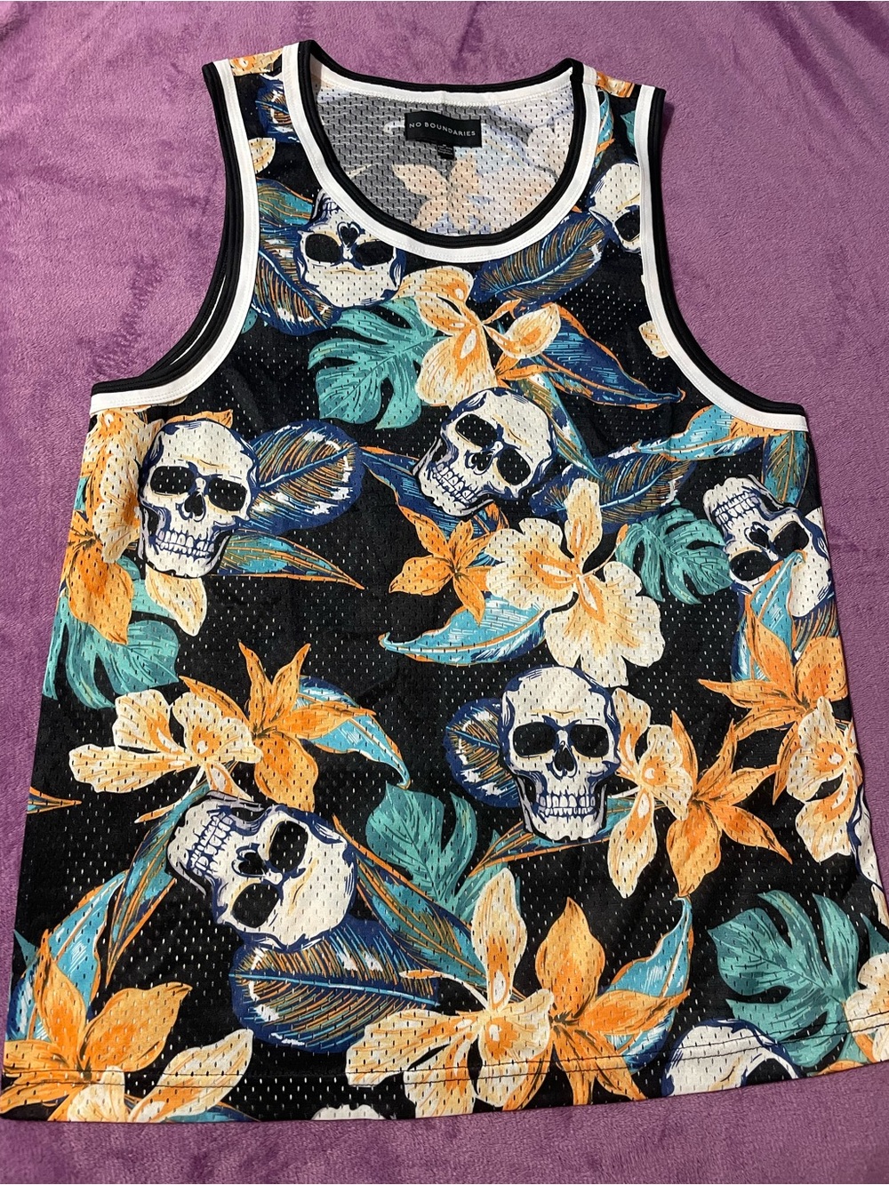 No Boundaries Black Mesh Tank with Orange and Teal Floral Skulls